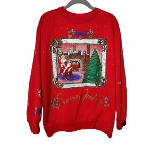 Vintage Holiday Time Sz M Red Christmas Ugly Tacky Sweatshirt Santa Scene
